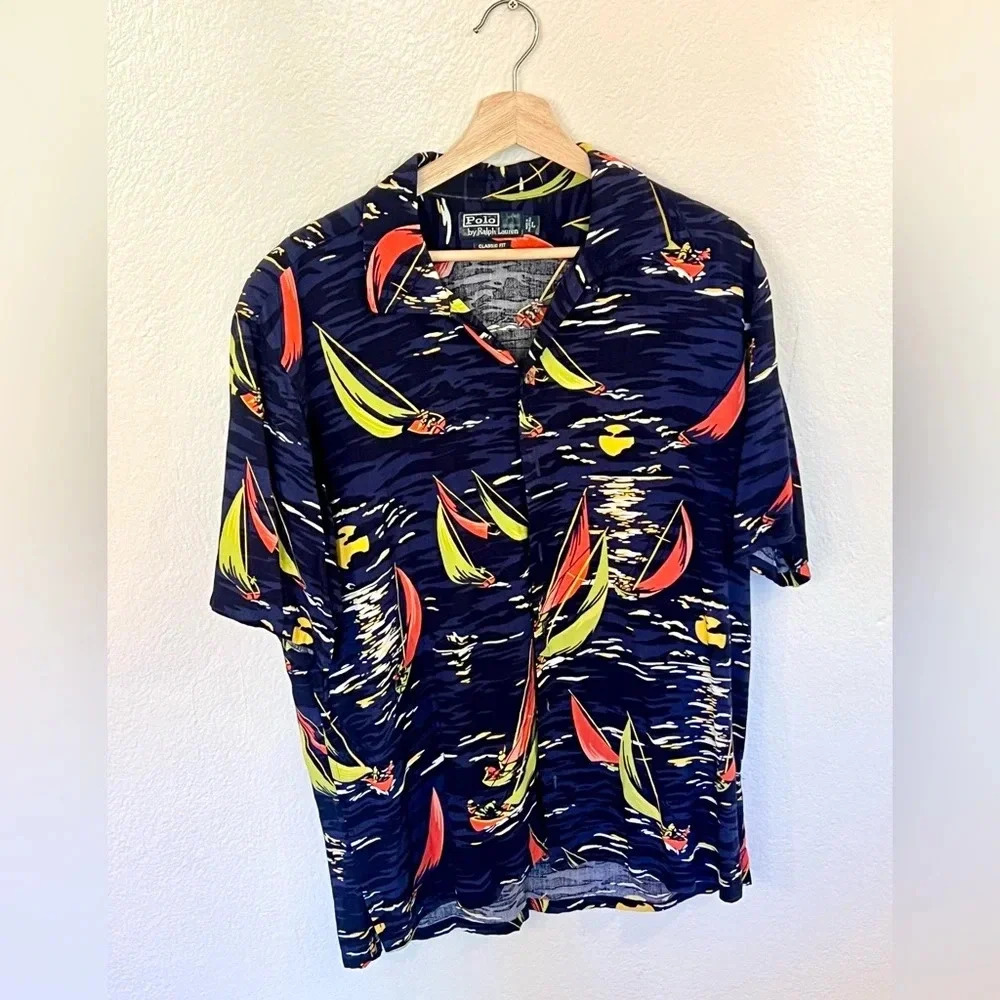 Vintage Ralph Lauren Polo Loop Collar Sailboat Regatta Button Down Large